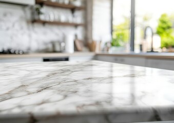 Empty marble kitchen countertop with blurred background.