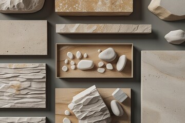 High-quality ceramic stone tiles with a matte finish, natural stone patterns, seamless texture, arranged in a grid layout, muted earthy tones, photorealistic rendering, and soft ambient lighting
