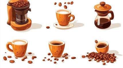 Morning coffee isolated cartoon vector illustrations set. Grinding coffee beans, espresso lover, home kitchen appliances, brewing with aero press, making hot drink with French press vector cartoon.