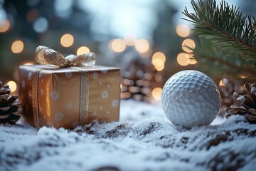 Festive golf gift arrangement with snow and pinecones at winter holiday season