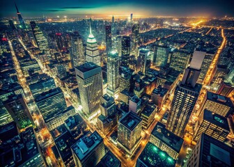 Obraz premium Vintage Night Cityscape: Panoramic View from Skyscraper Rooftop