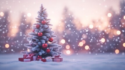 Obraz premium Snowy xmas tree with red ornaments and gifts, evening light.