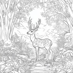 Serene Forest Deer A Coloring Page Featuring a Majestic Buck in a Lush Woodland Setting