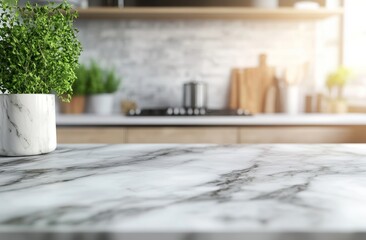 Marble countertop with blurred kitchen background.