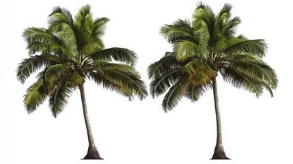 Obraz premium Coconut palm trees with green fronds and slender trunks on a white background.