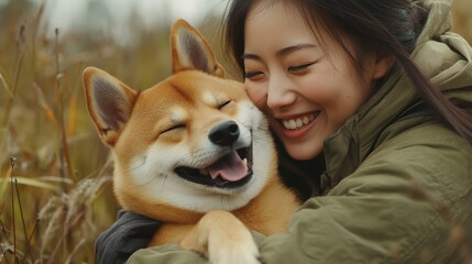 Pleased brunette woman plays with pedigree dog, embraces shiba inu, enjoys spare time, expresses loyalty from four legged friend, carries animal to vet clinic, has toothy smile. Lovely pet with owner