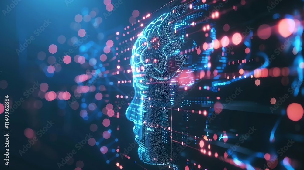 Poster a digital rendering of a human head with a glowing brain.