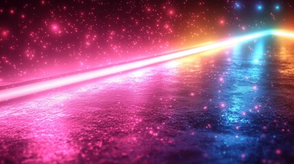 Glowing neon lines intersect on a textured surface, creating a vibrant, abstract scene with pink, orange, and blue hues.