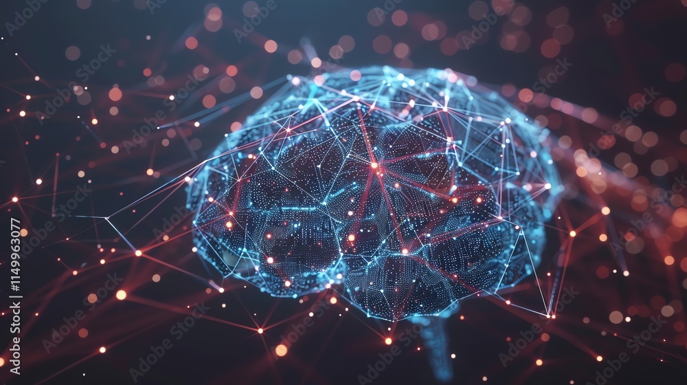 Poster a digital rendering of a human brain, made up of connected dots and lines.