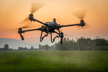 Smart farm with drone, Agriculture drone fly to sprayed fertilizer on the rice fields in the...