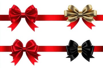 Decorative satin bows with matching ribbons in red, gold, and black.

