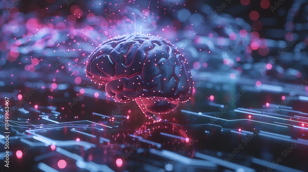 Poster a 3d rendering of a human brain, made up of connected dots and lines.