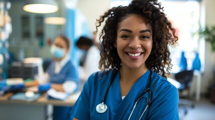 Fototapeta premium A smiling female nurse with curly hair, wearing a blue medical scrubs and a stethoscope around her neck.