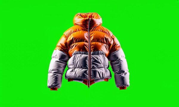 Bright Quilted Jacket Spins on Green Background