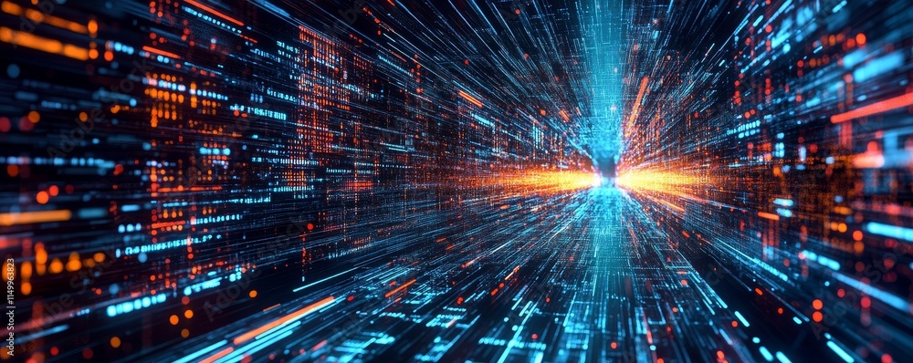 Poster abstract digital data stream flowing into a bright light tunnel.