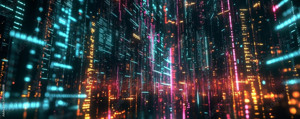 Poster Abstract digital city with glowing lines and data streams.
