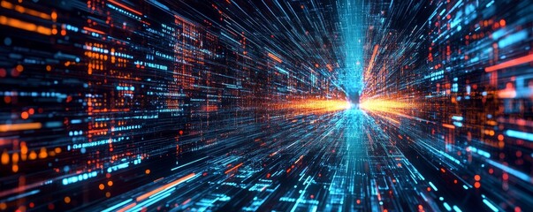 Abstract digital data stream flowing into a bright light tunnel.