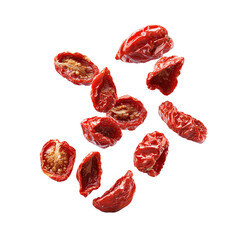 3D Render of Falling Dried Tomato on Transparent Background, Full Depth of Field