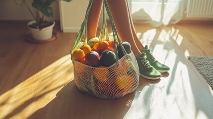 Shopping grocery reusable mesh bag full of fresh fruits and vegetables on the floor at home, sunlight with woman leg in green shoes. Concept healthy vegan eating, Zero waste. Space for text