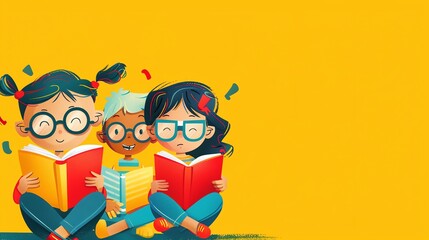 Fototapeta premium A cartoon illustration of three children reading books, with a yellow background.