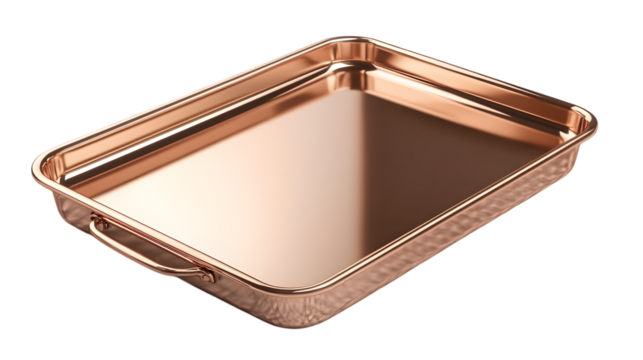 Luxurious rose gold rectangular serving tray with a smooth polished finish, ideal for elegant settings or modern decor. Isolated on transparent background
