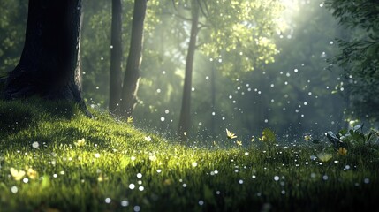 The morning dew clings to the grass, and each blade sparkles as the sunlight touches it. The early morning air is cool