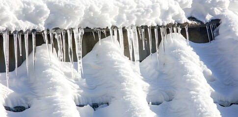 Elegant icicles hanging from a snow-covered roof, capturing the serene and icy beauty of winters cold weather features