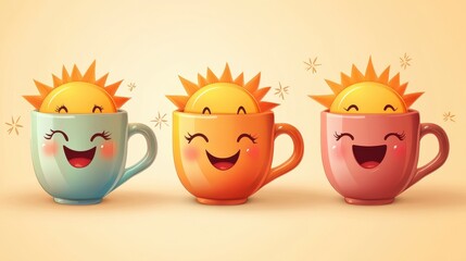 Sun in cup. Cute suns in mugs. Sunshine, good morning concept. Coffee, tea, cocoa drinks. Popular beverages with sunny characters vector set