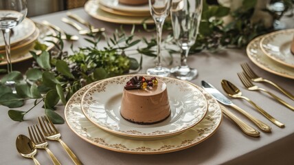 Mocha mousse on the festive table. The dish is served in cream-colored dishes decorated with elegant cutlery and decorative greenery.