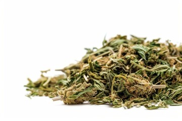 Cannabis flowers forming a small pile on a white background, ideal for medical or recreational purposes