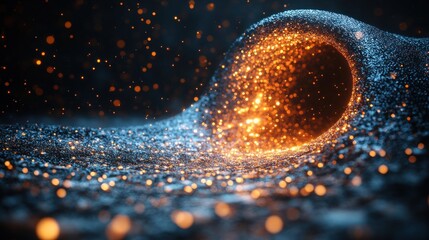 Glowing particles swirl in a dark, abstract vortex.