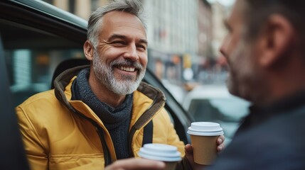 Fototapeta premium transportation, vehicle and people concept - happy smiling middle aged male passenger with coffee cup talking to taxi car driver
