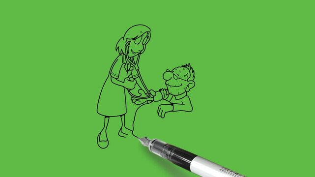 draw standing young girl in nurse posture wear blue uniform examine old man's blood pressure with stethoscope sit on sofa chair with black outline on abstract green screen background    
