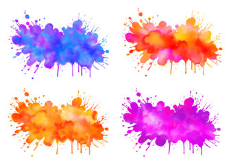 Set of multicolored watercolor stains, paint drips, ink, isolated on white background