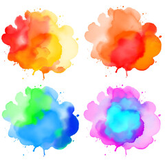 Set of multicolored watercolor stains, paint drips, ink, isolated on white background