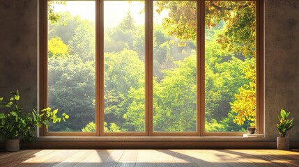 Fototapeta premium workplace in modern office interior with blank mock up laptop computer screen, window with beautiful nature view, coffee cup and other items on desktop, pieces of furniture and daylight. 3D Rendering