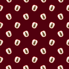 Lychee fruit flat seamless pattern on red background. Wrapping paper, gift card, poster, banner design. Home decor, modern textile print. Summer bright geometric fruits patterned.