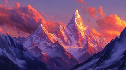 The mountain peaks catch the last light of sunset, glowing in rich hues, while the sky deepens in color, signaling the coming night
