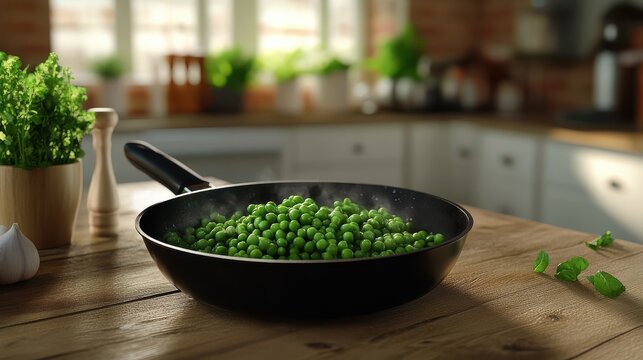 yorkshire mushy peas ingredients in frying pan and peas in bowl with mint shallot pepper and salt side view over old pub wood table .