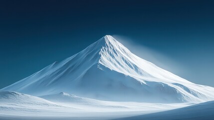 The mountain rises majestically into the sky, its peak dusted with a blanket of pristine snow.