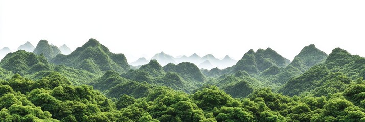 Lush green mountains and rolling hills under a hazy sky.