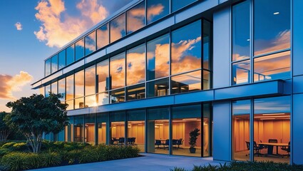 Obraz premium Modern Office Building with Glass Facade Reflecting Sunset 