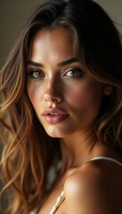Naklejka premium A woman with long brown hair is posing for a picture