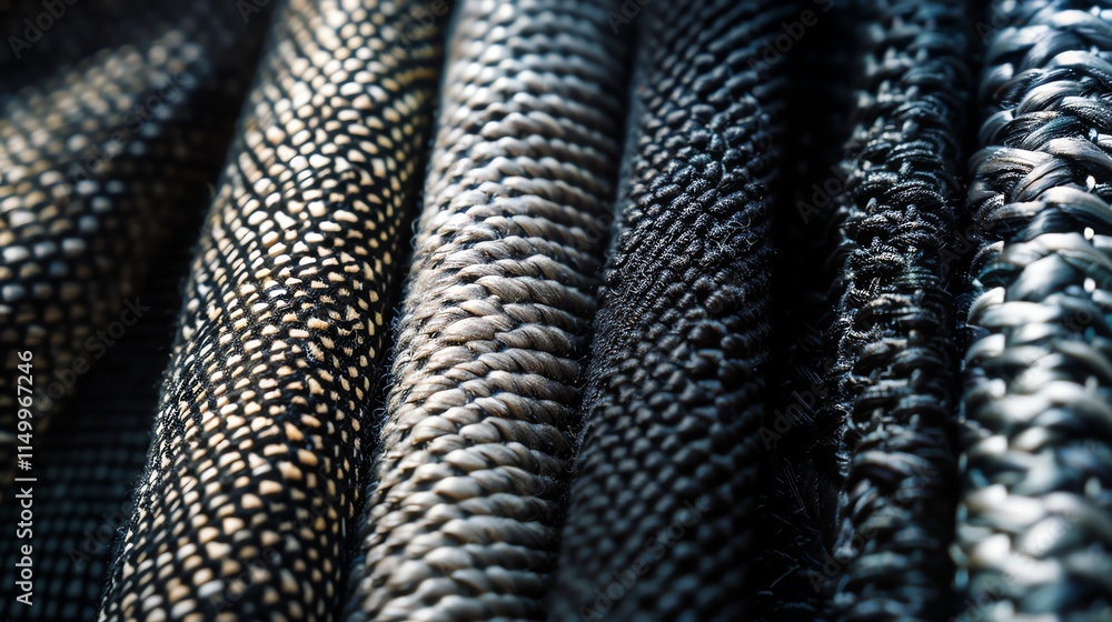 Poster a close-up of a variety of woven fabrics, showcasing different textures and patterns.