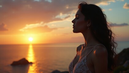 Obraz premium A woman in a white dress standing on a cliff overlooking the ocean at sunset