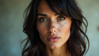 Fototapeta premium A close up of a woman's face with long brown hair