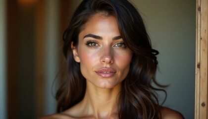 Fototapeta premium A woman with long brown hair is looking at the camera