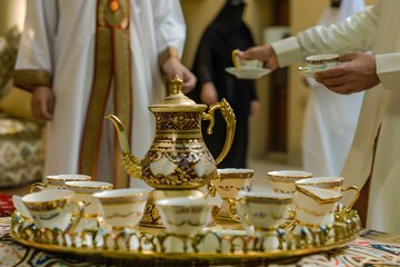 A traditional Saudi coffee ceremony setup, highlighting the ornate teapot, coffee cups, and cultural significance of the ritual.