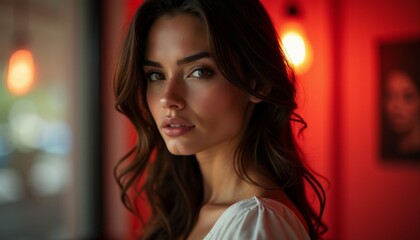 Fototapeta premium A woman with long brown hair standing in front of a red wall