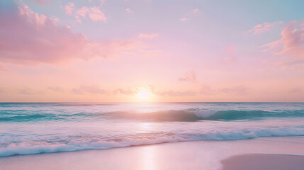 Fototapeta premium A serene beach scene at sunset, with soft waves and pastel skies.